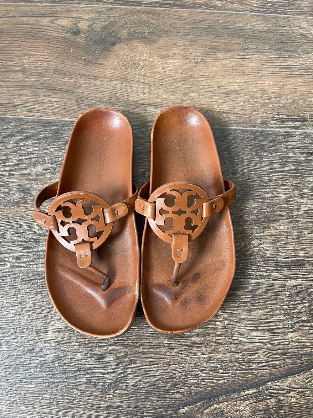 Tory Burch Miller Cloud Sandals Brown Leather Thong Slides Size 8 WELL WORN